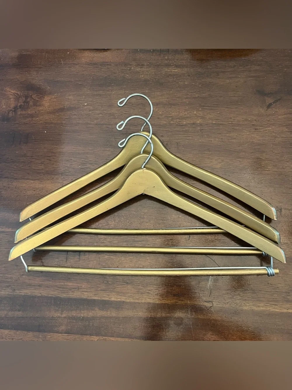 Vintage Gold Painted Wooden Clothing Suit Hangers Set of 3